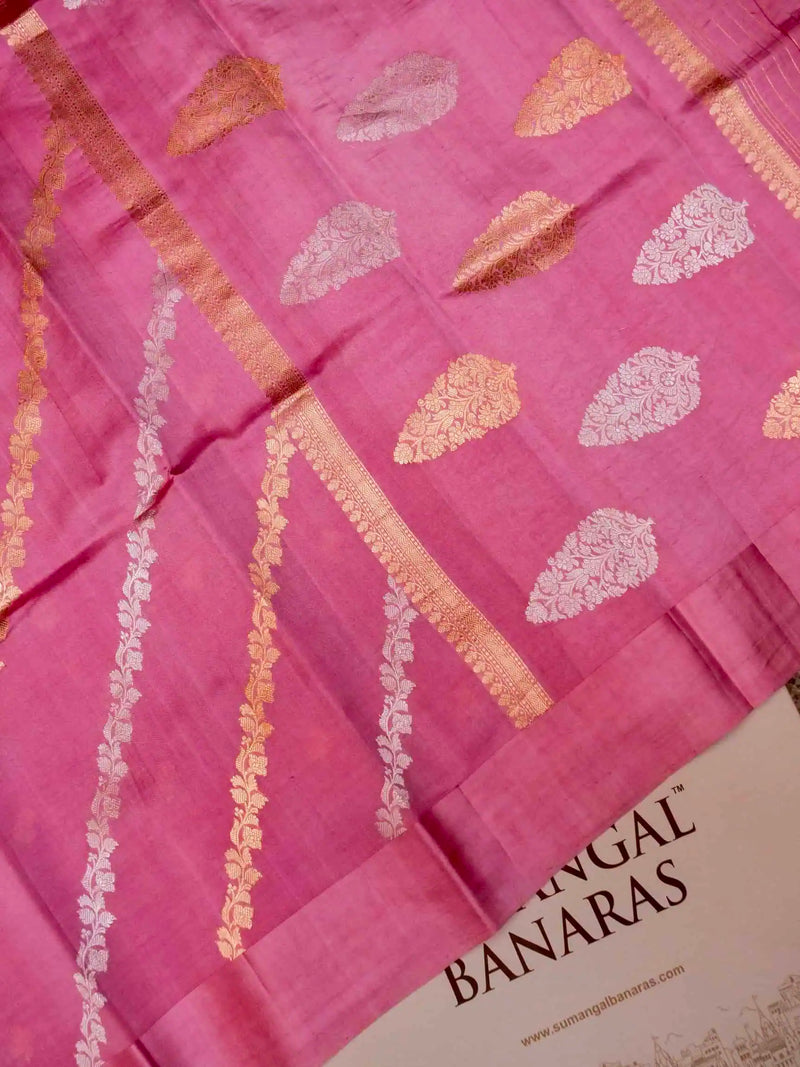 Handwoven Pink Banarasi Kora Silk Saree