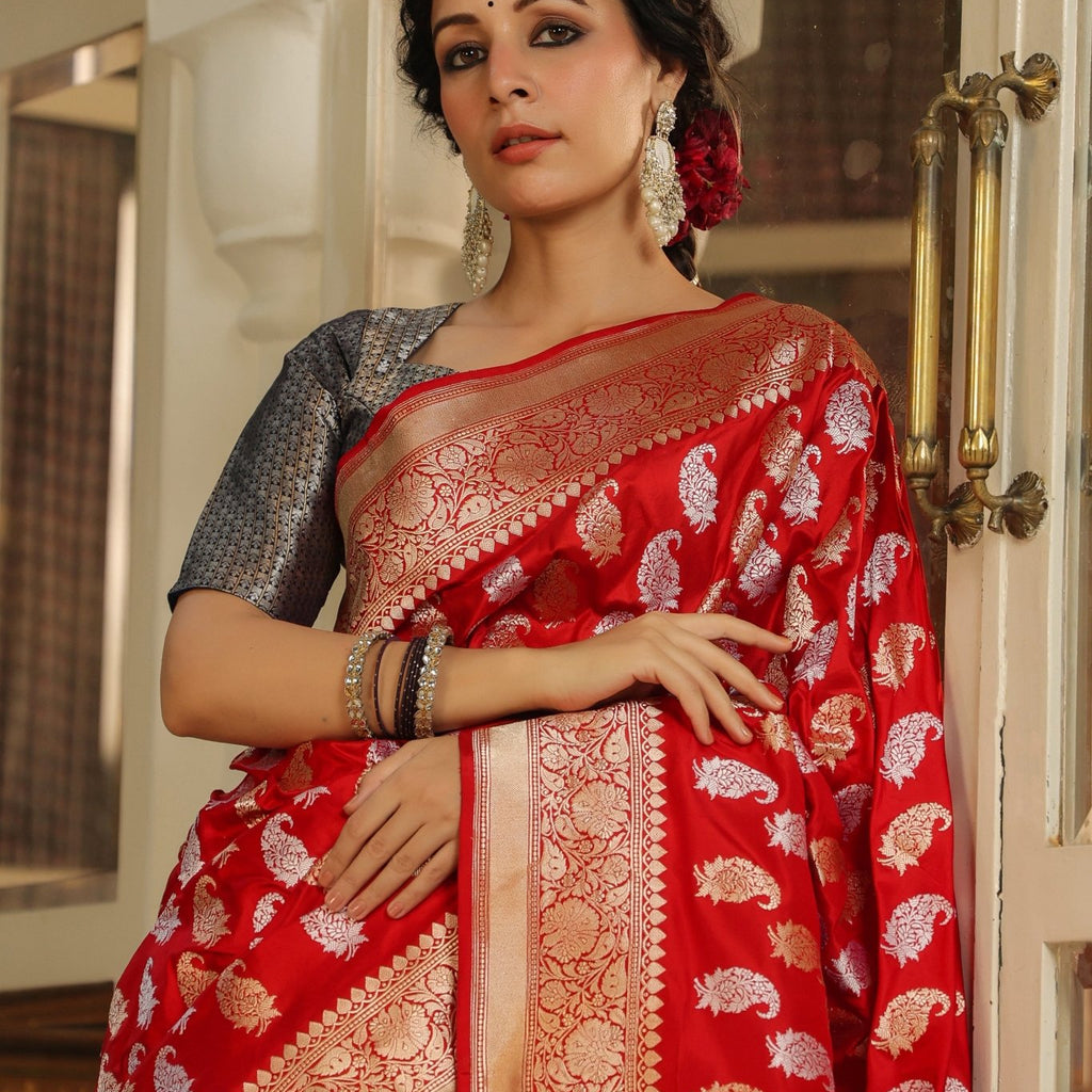 Handwoven Red Banarasi Katan Silk Saree