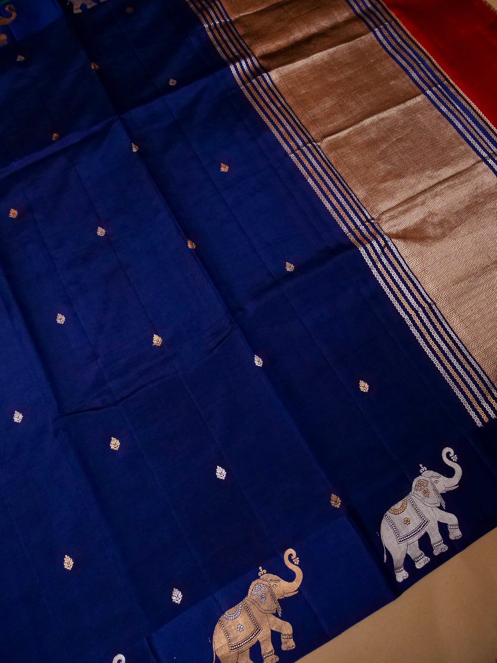 Handwoven Dark Blue Banarasi Motif Katan Soft Silk Saree