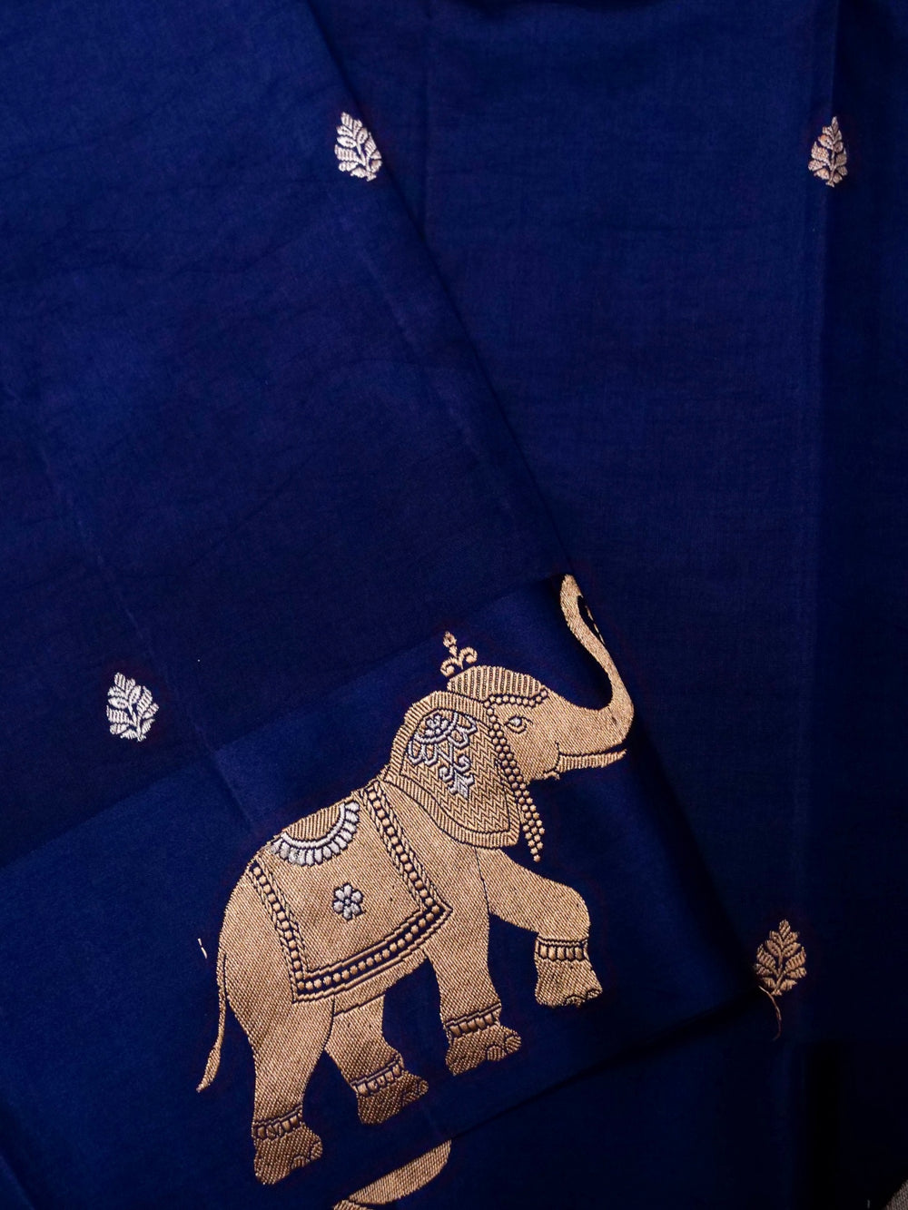 Handwoven Dark Blue Banarasi Motif Katan Soft Silk Saree