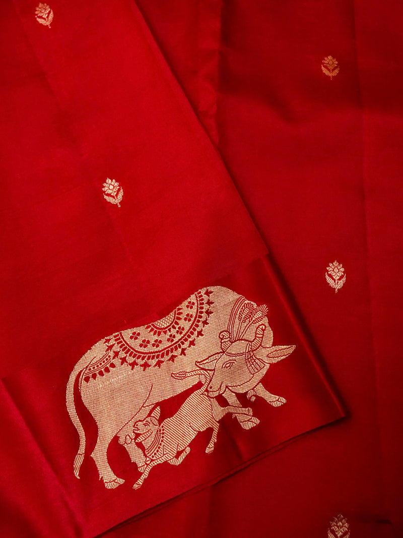 Handwoven Red Banarasi Motif Katan Soft Silk Saree