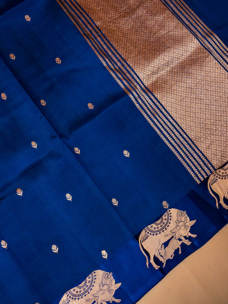 Handwoven Blue Banarasi Motif Katan Soft Silk Saree