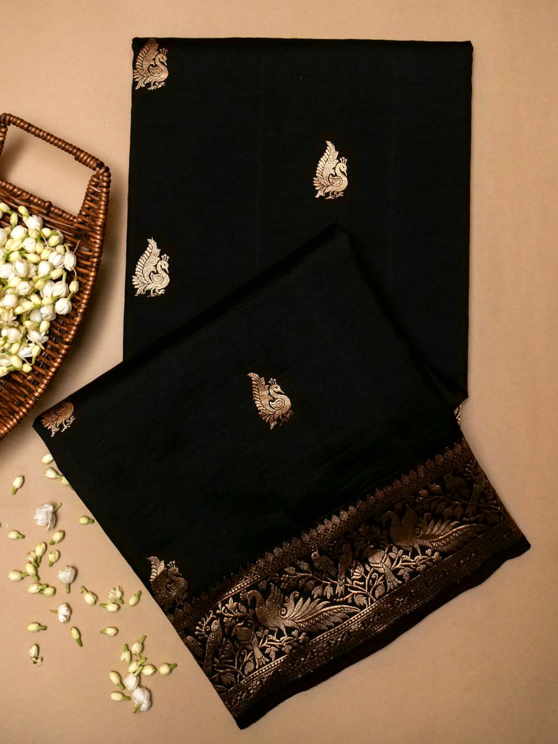 Handwoven Black Banarasi Motif Katan Soft Silk Saree