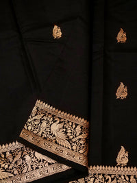 Handwoven Black Banarasi Motif Katan Soft Silk Saree