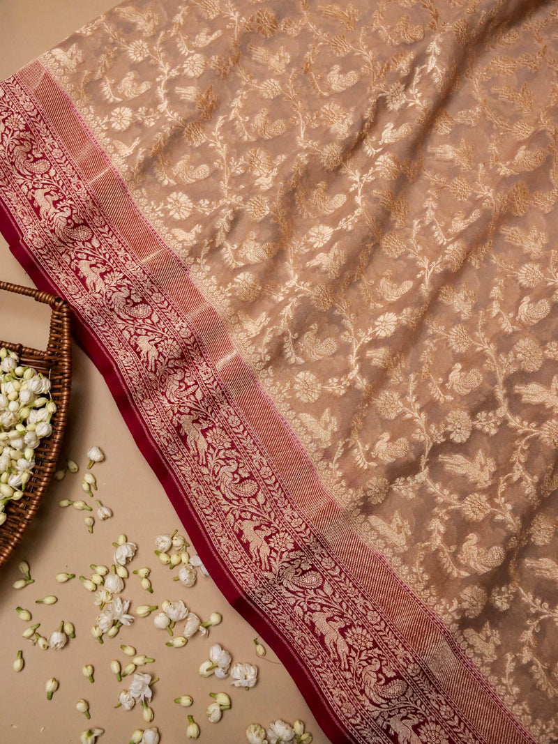 Handwoven Cream Banarasi Khaddi Georgette Saree