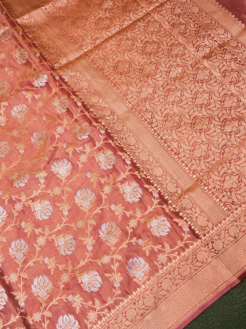 Handwoven Peach Banarasi Tissue Katan Silk Saree