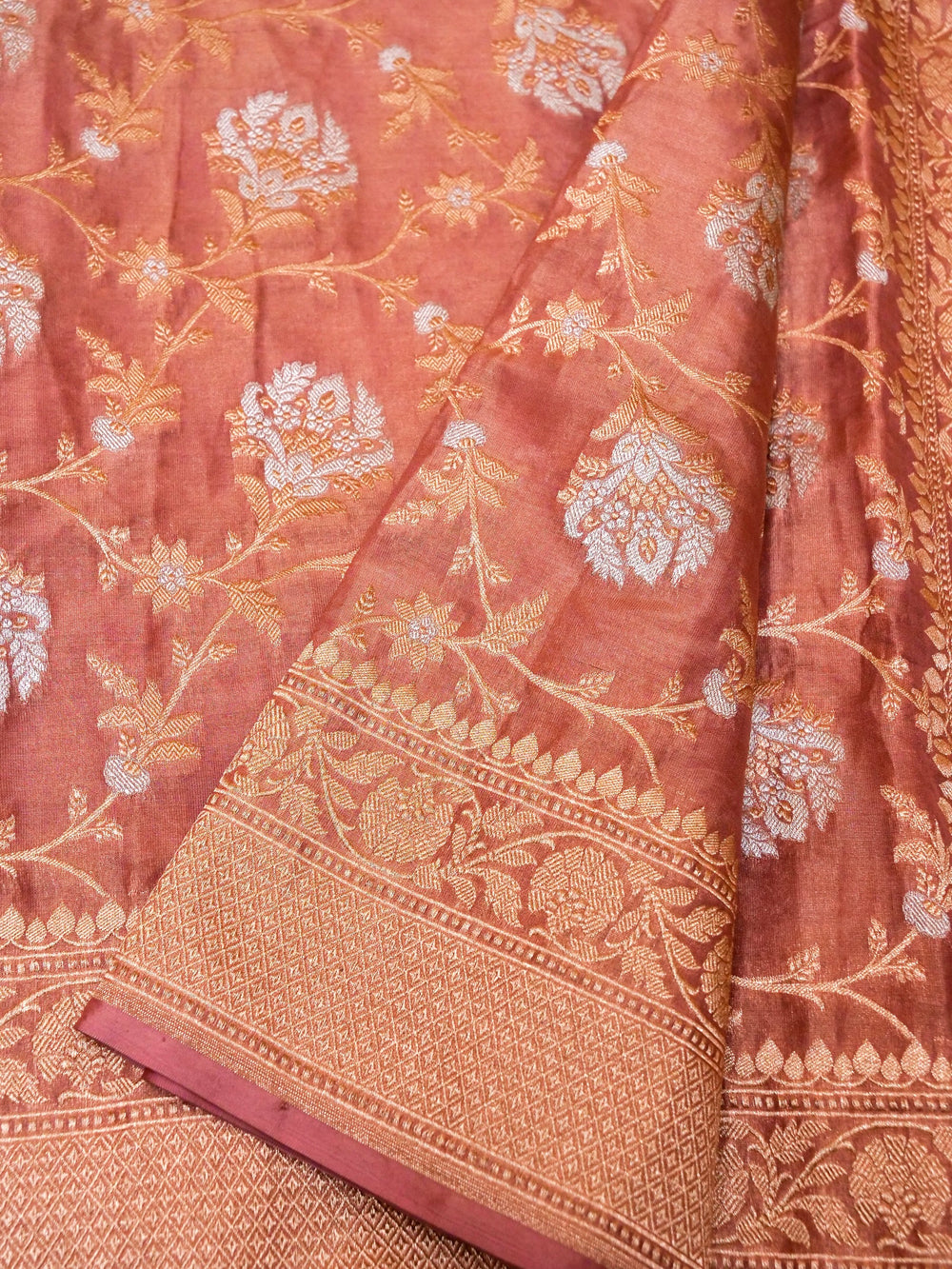 Handwoven Peach Banarasi Tissue Katan Silk Saree