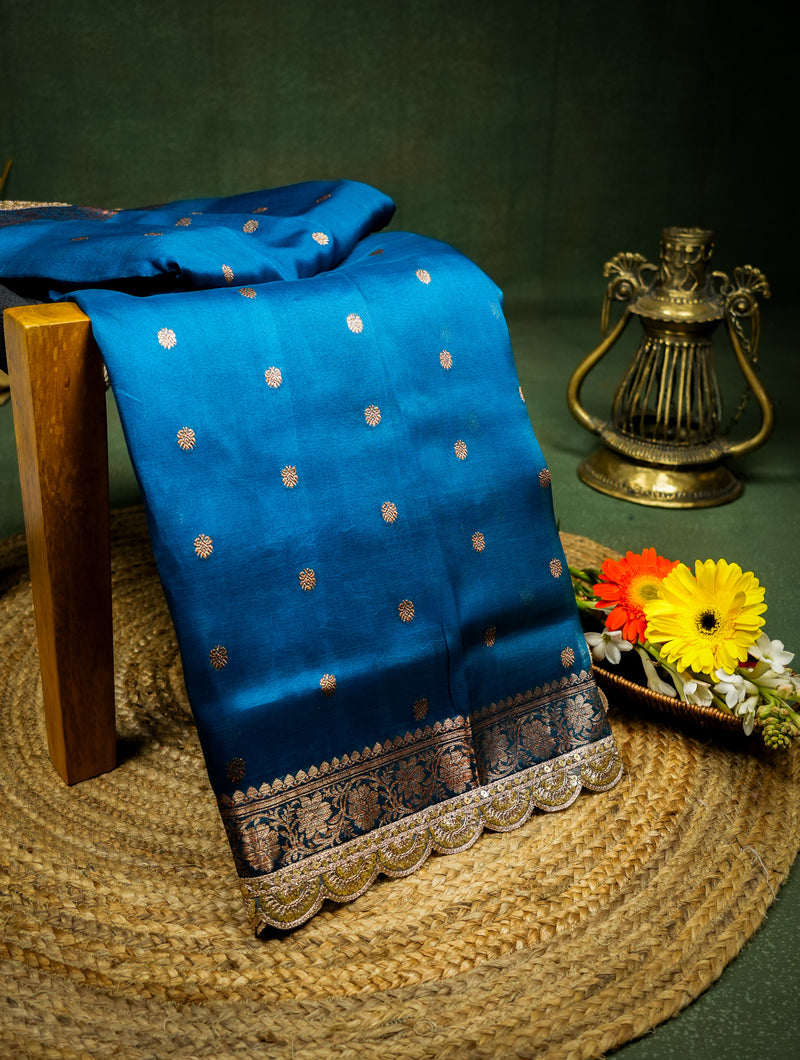 Handwoven Peacock Blue Banarasi Organza Saree