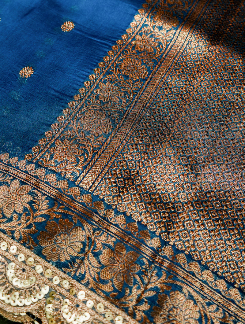 Handwoven Peacock Blue Banarasi Organza Saree