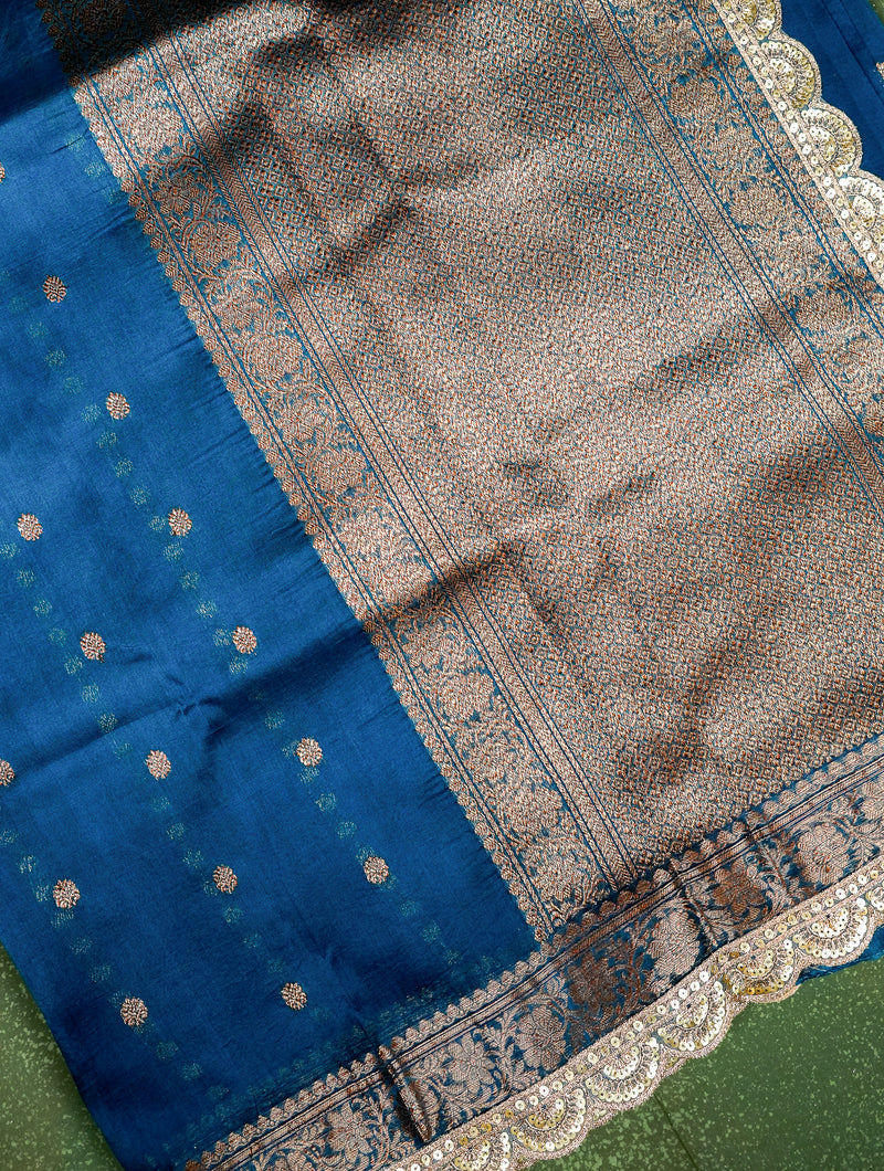 Handwoven Peacock Blue Banarasi Organza Saree