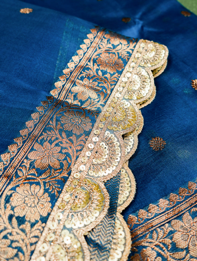 Handwoven Peacock Blue Banarasi Organza Saree