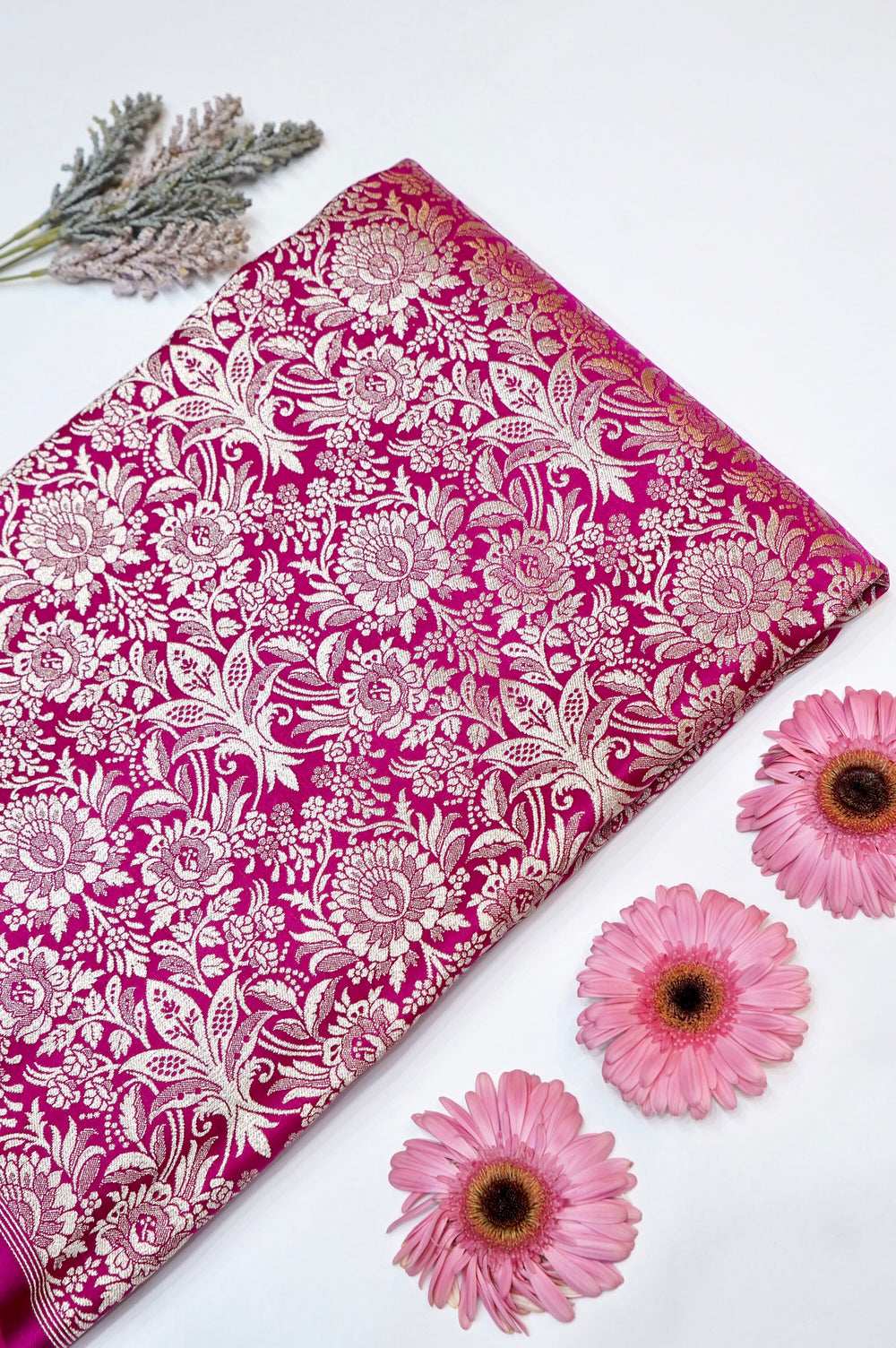 Magenta Pink Floral Mashru Silk Handwoven Banarasi Thaan