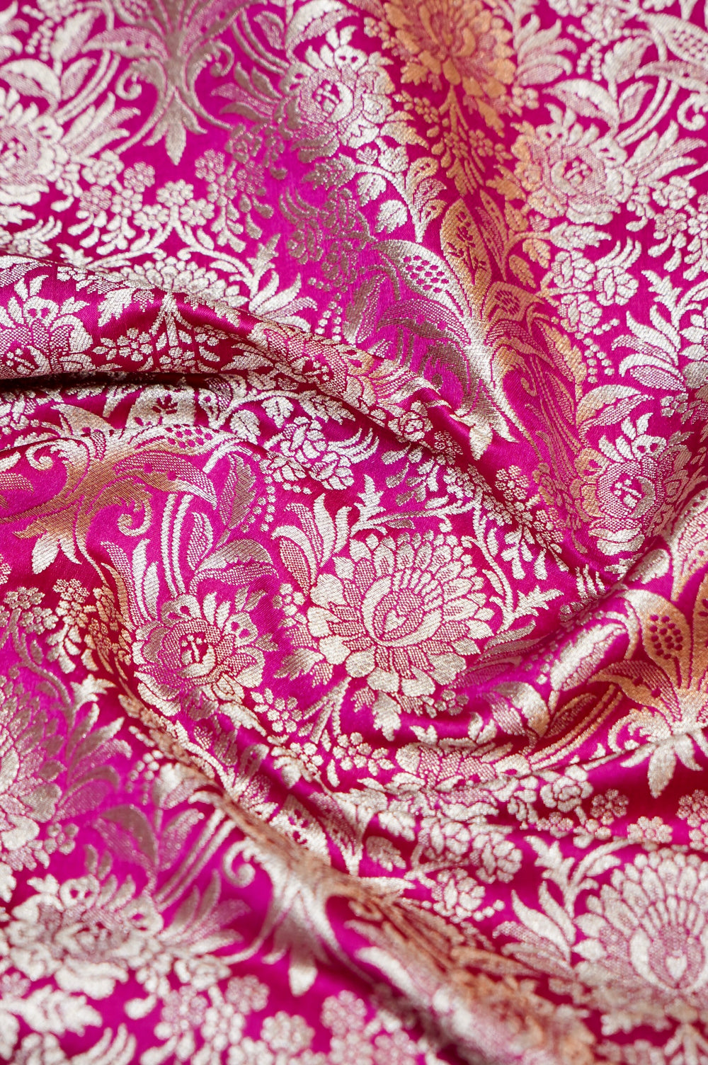 Magenta Pink Floral Mashru Silk Handwoven Banarasi Thaan