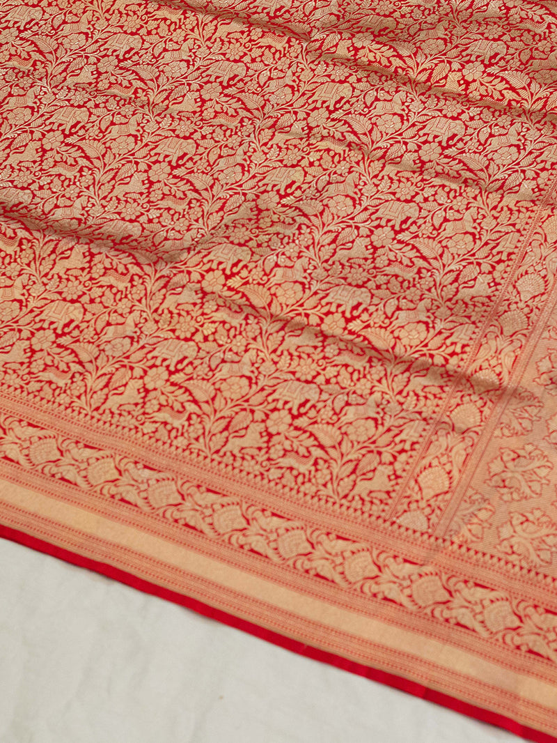 Handwoven Red Banarasi Shikargah Moonga Silk Dupatta