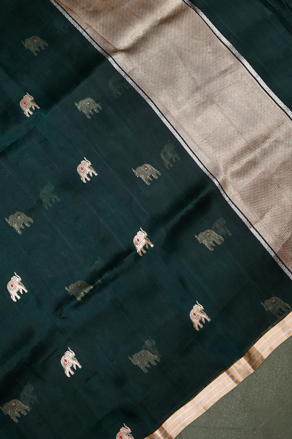 Handwoven Bottle Green Banarasi Organza Saree