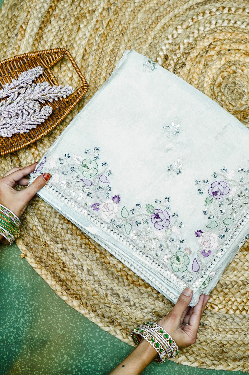 Designer Off White Tissue Silk Embroidered Saree