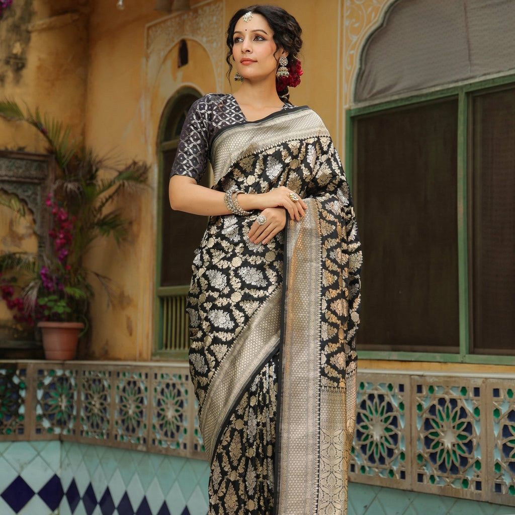 Riwayat | Handwoven Black Banarasi Katan Silk Saree