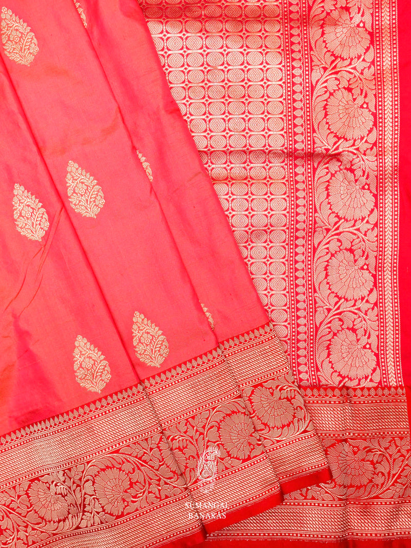 Handwoven Rose Red Banarasi Katan Silk Saree