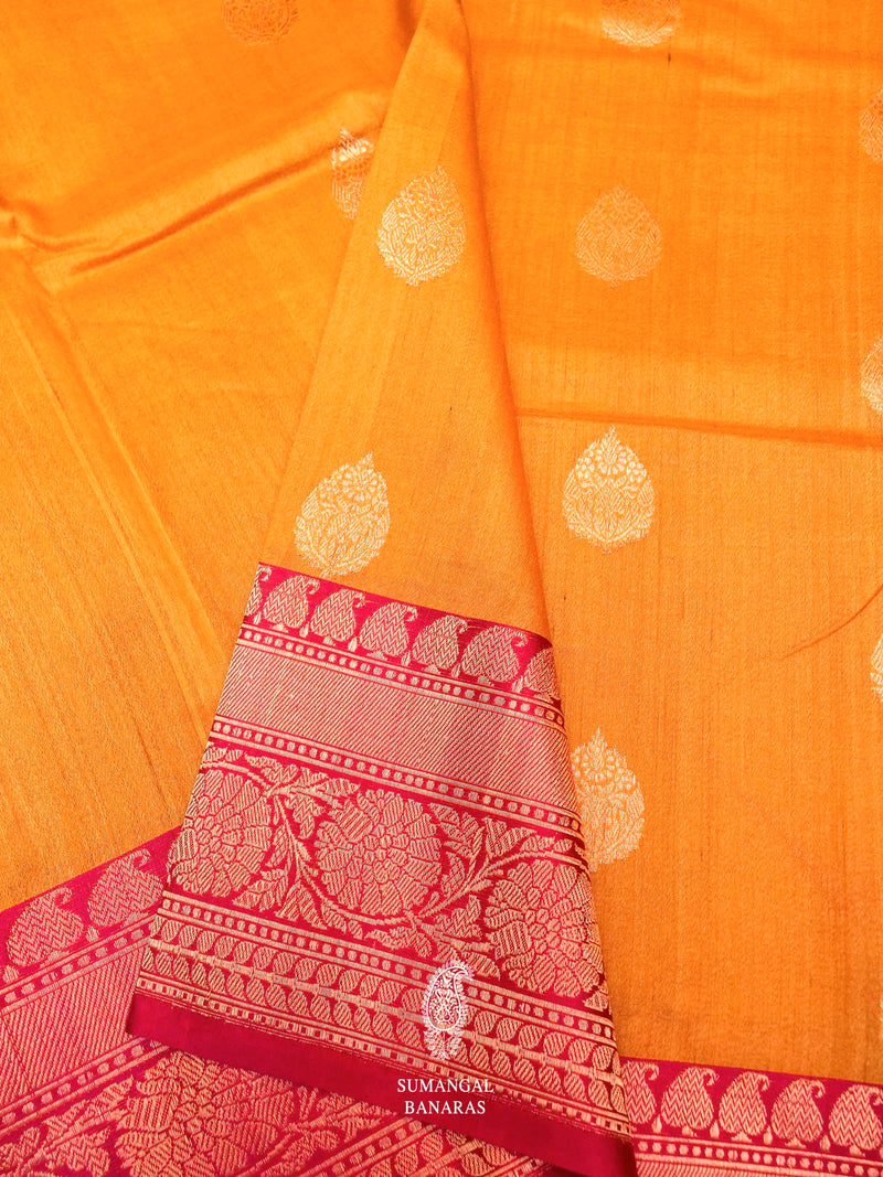 Handwoven Mustard Banarasi Pure Tussar Silk Saree