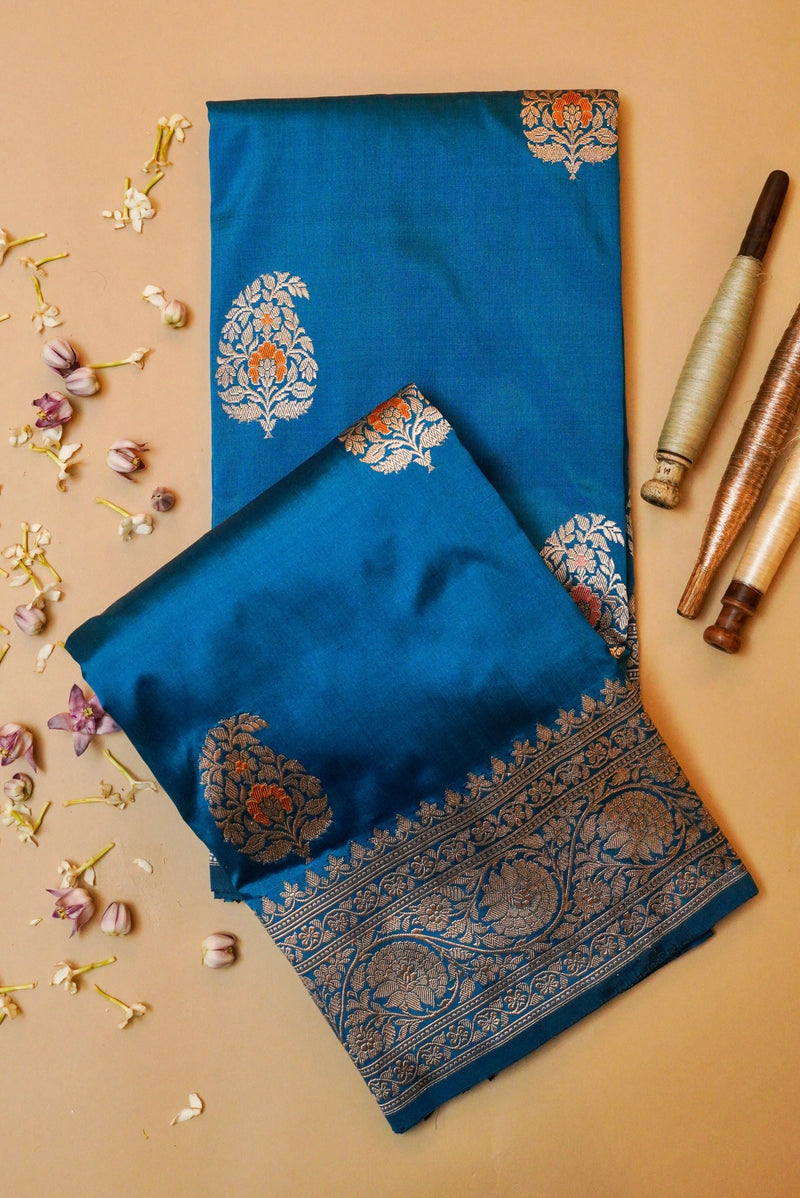 Handwoven Teal blue Banarasi Katan Silk Saree