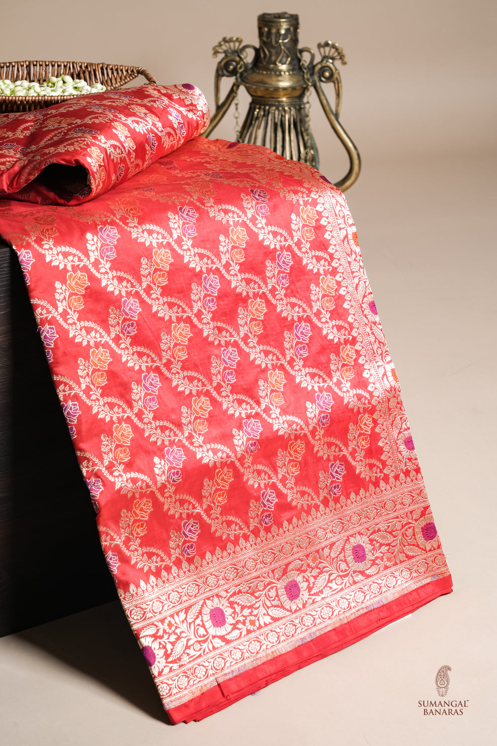 Handwoven Pinkish Red Banarasi Katan Silk Saree