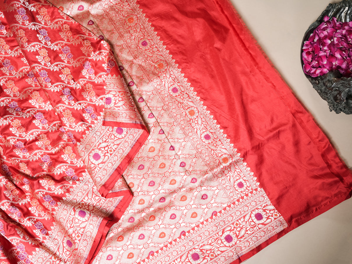 Handwoven Pinkish Red Banarasi Katan Silk Saree