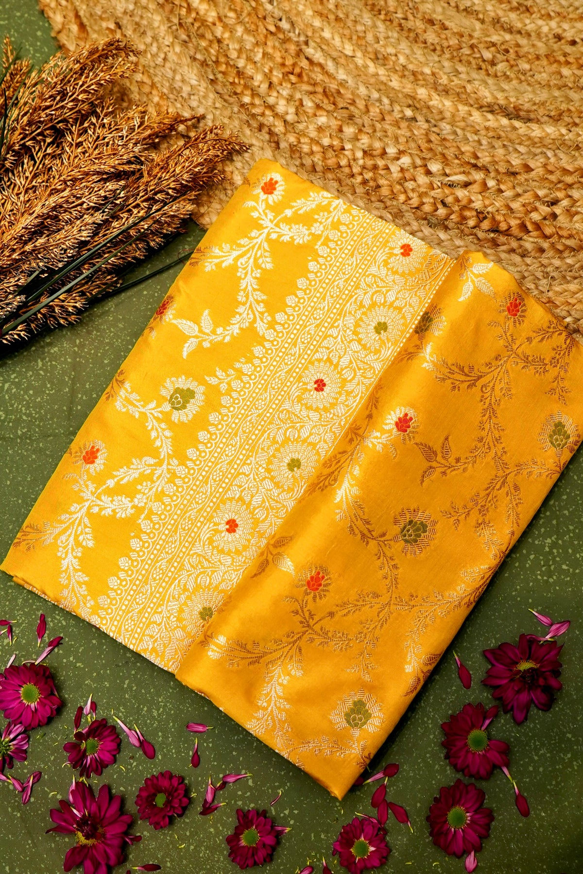 Handwoven Yellow Banarasi Katan Silk Saree