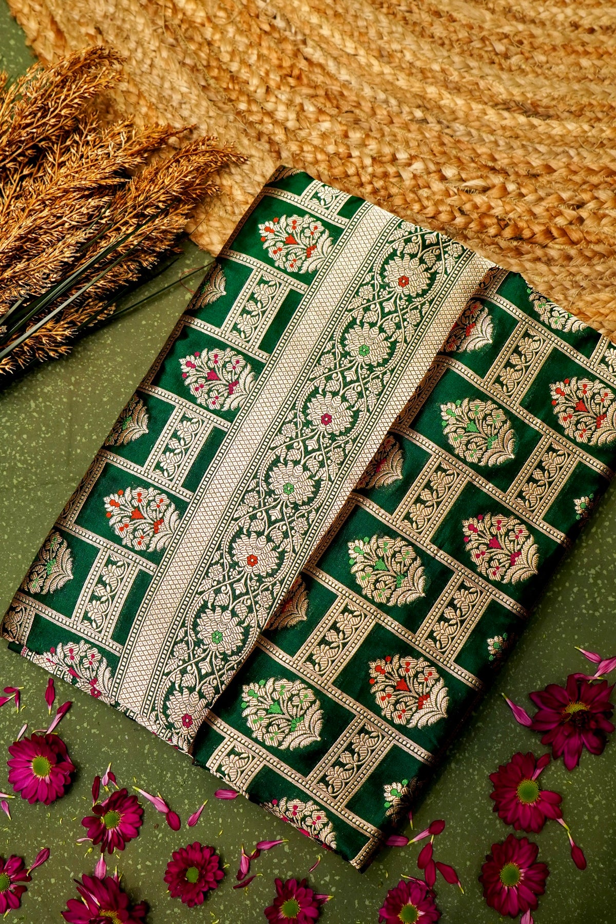 Handwoven Bottle Green  Banarasi Katan Silk Saree