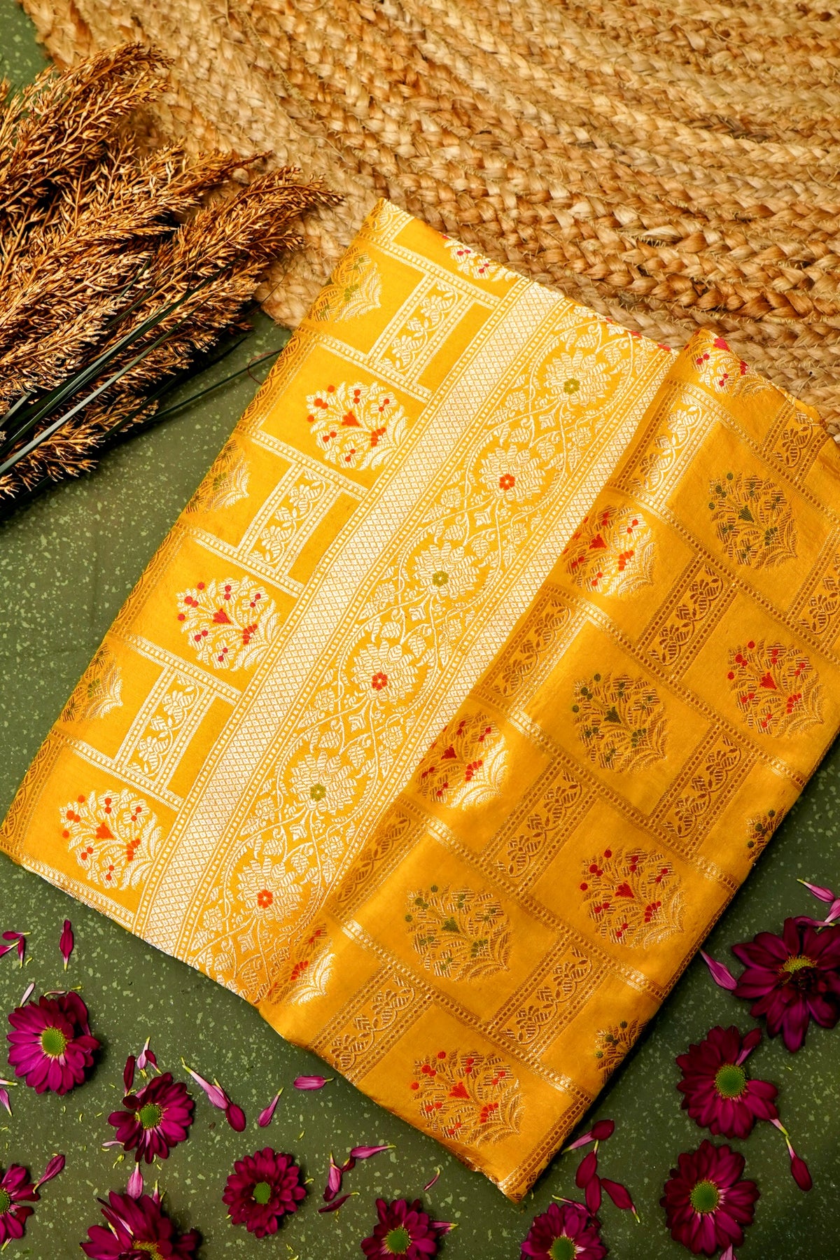 Handwoven Yellow  Banarasi Katan Silk Saree