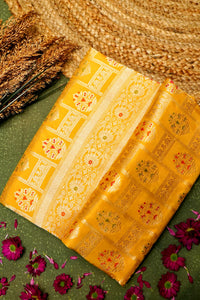 Handwoven Yellow  Banarasi Katan Silk Saree