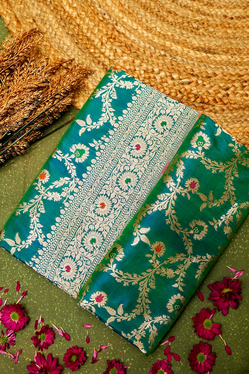 Handwoven Peacock Green Banarasi Katan Silk Saree