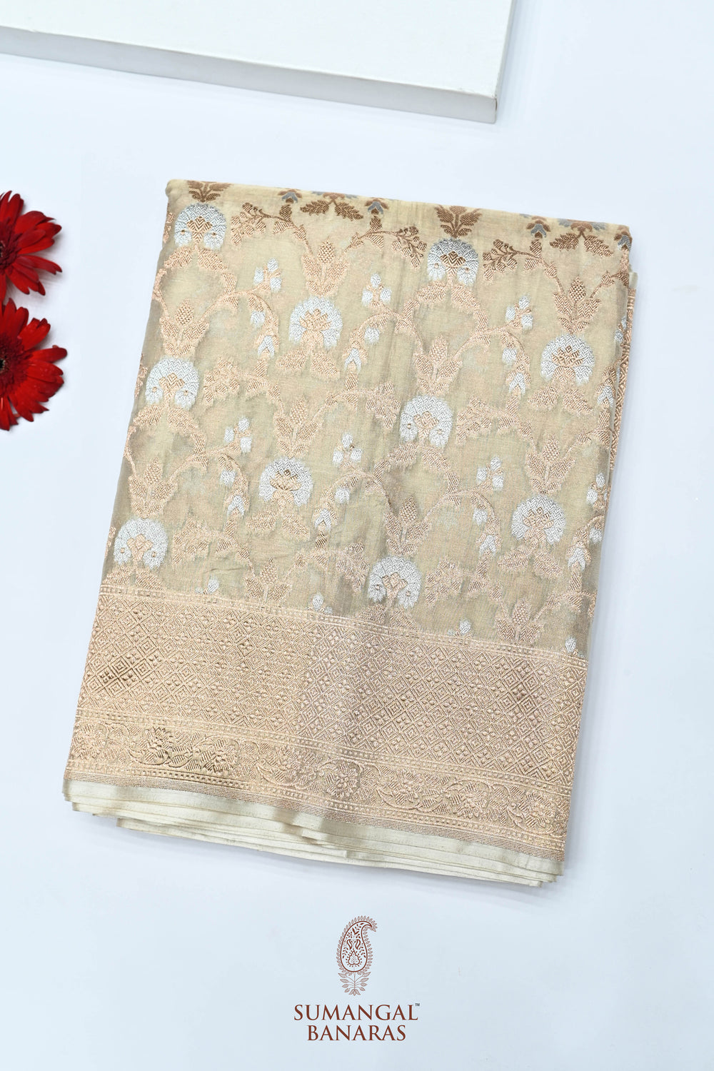 Handwoven Ivory Gold Banarasi Katan Tissue Silk Saree