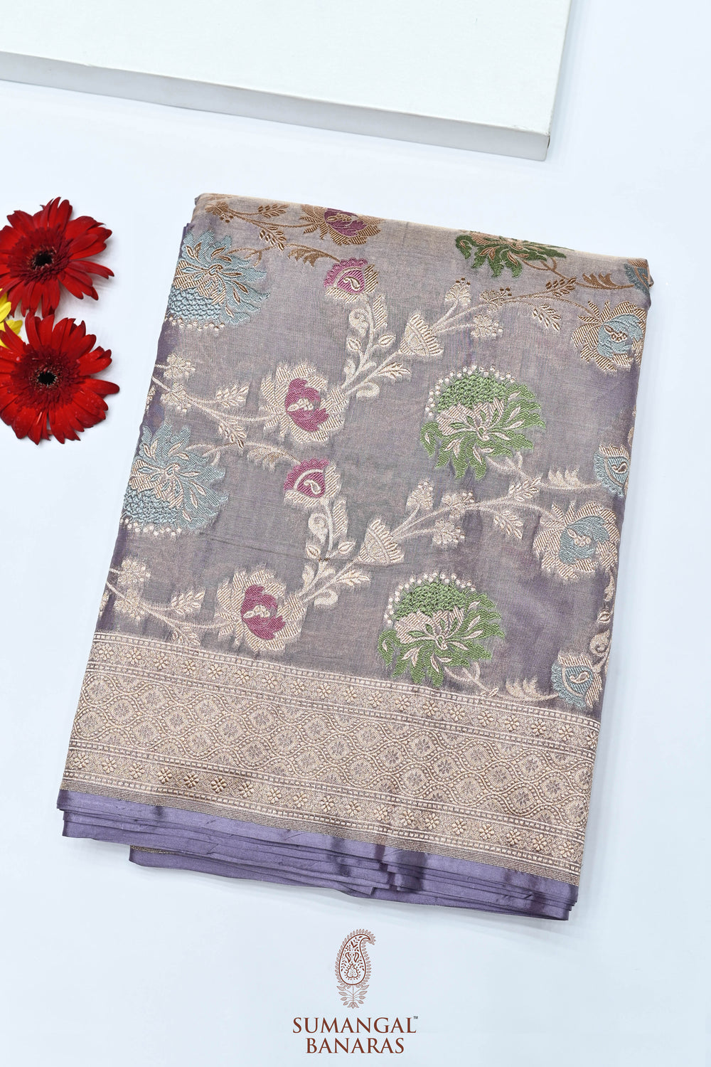 Handwoven Grey Banarasi Katan Tissue Silk Saree