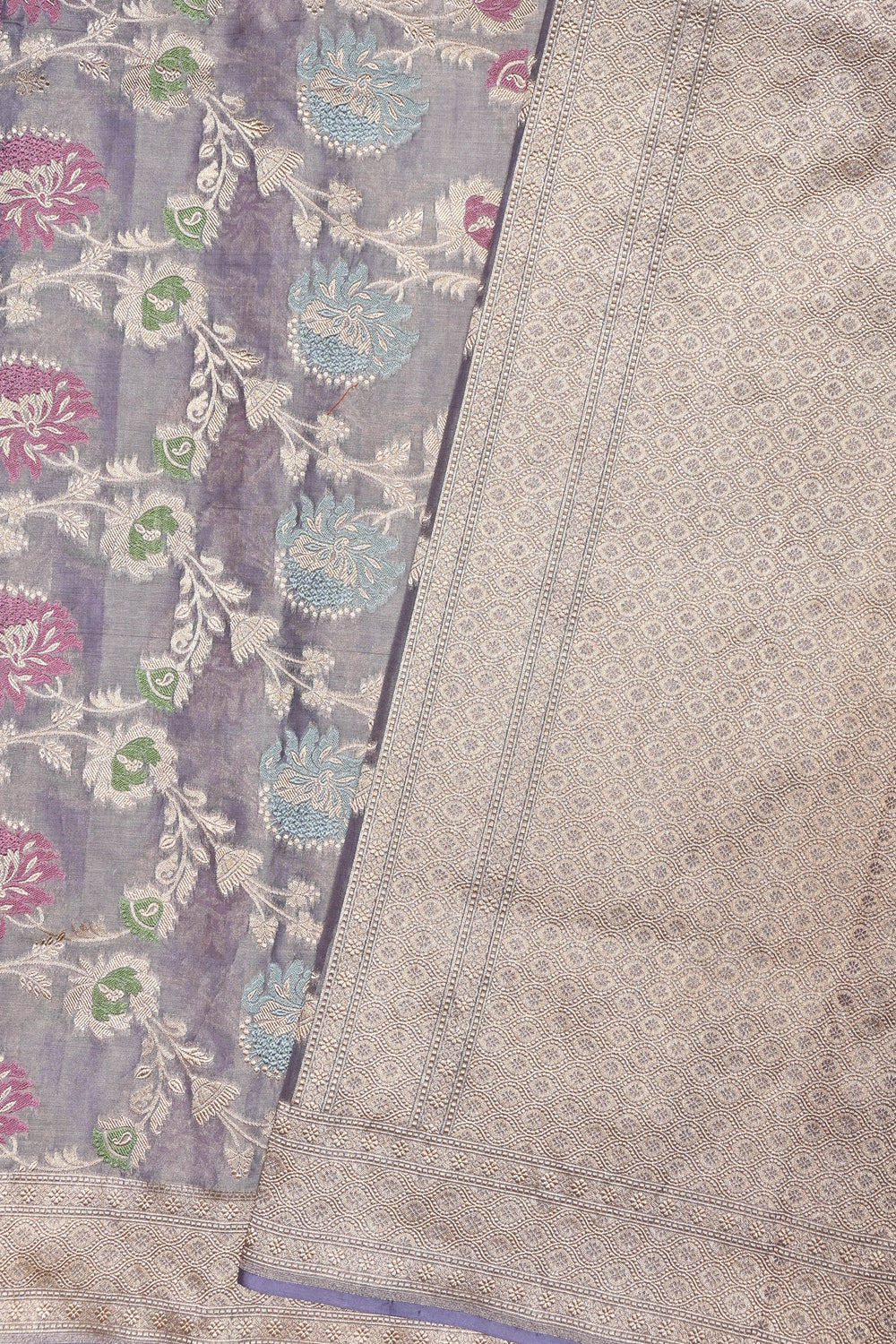 Handwoven Grey Banarasi Katan Tissue Silk Saree