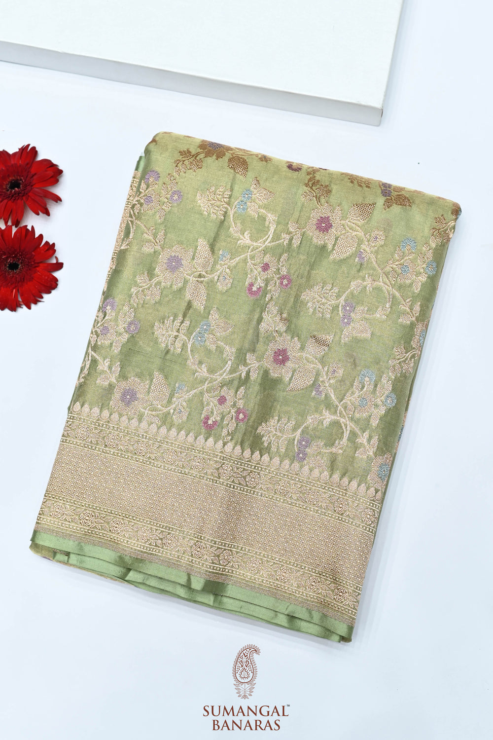 Handwoven Pista Green Banarasi Katan Tissue Silk Saree