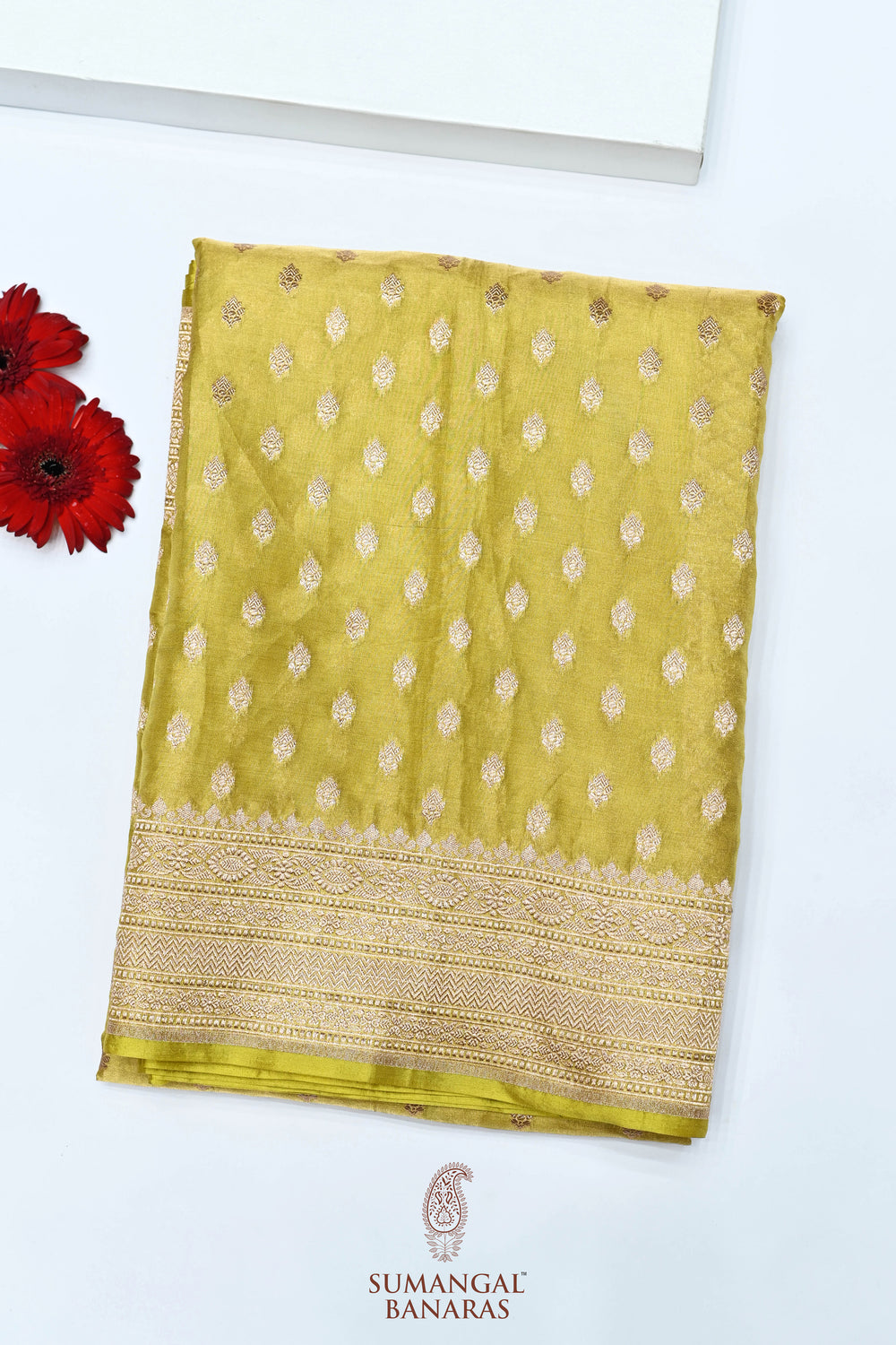 Corn Yellow Booti Katan Tissue Handwoven Banarasi Saree