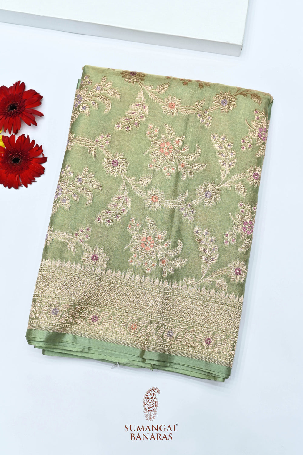 Handwoven Pista Green Banarasi Katan Tissue Silk Saree