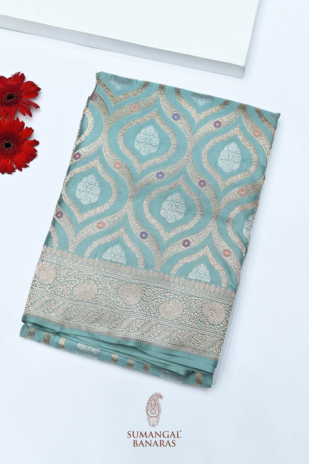 Sky Blue Jangla Katan Silk Handwoven Banarasi Saree