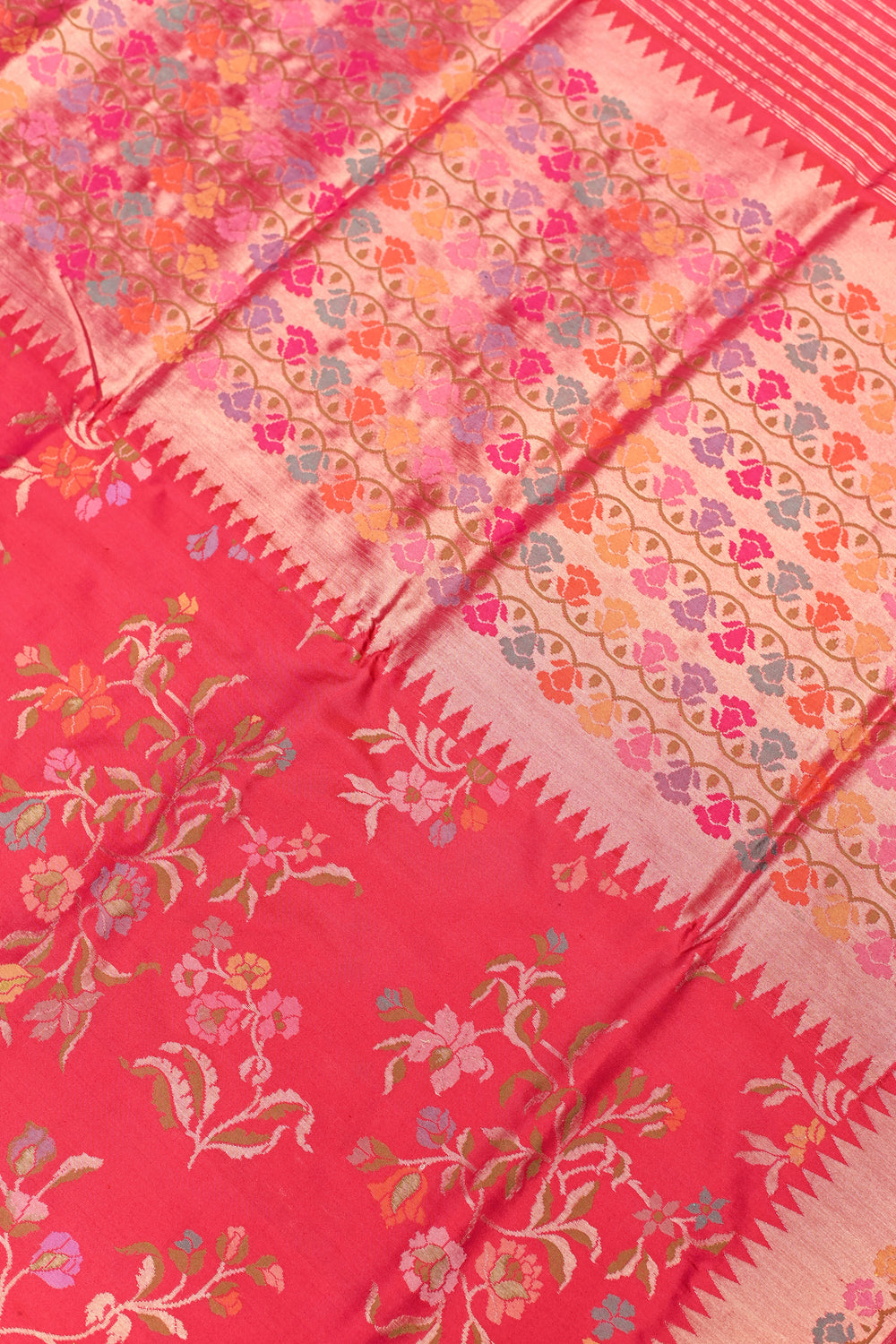 Rose Red Jamdani Katan Silk Handwoven Banarasi Saree