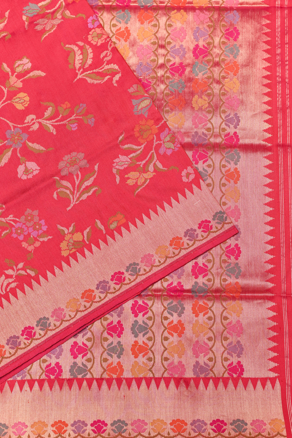 Rose Red Jamdani Katan Silk Handwoven Banarasi Saree