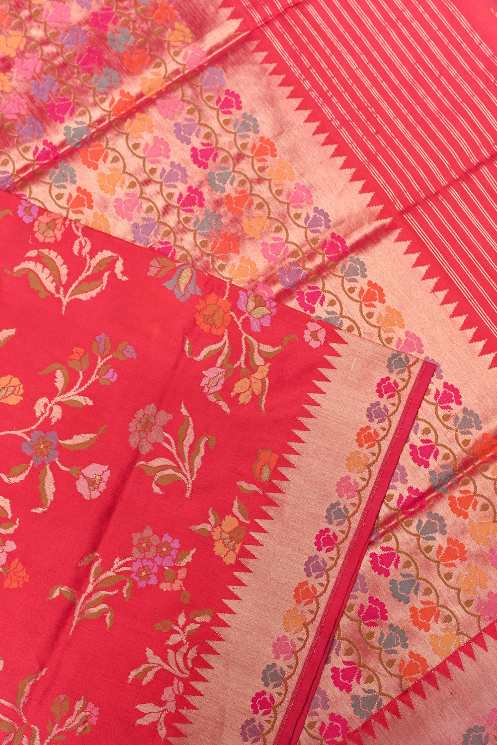 Rose Red Jamdani Katan Silk Handwoven Banarasi Saree