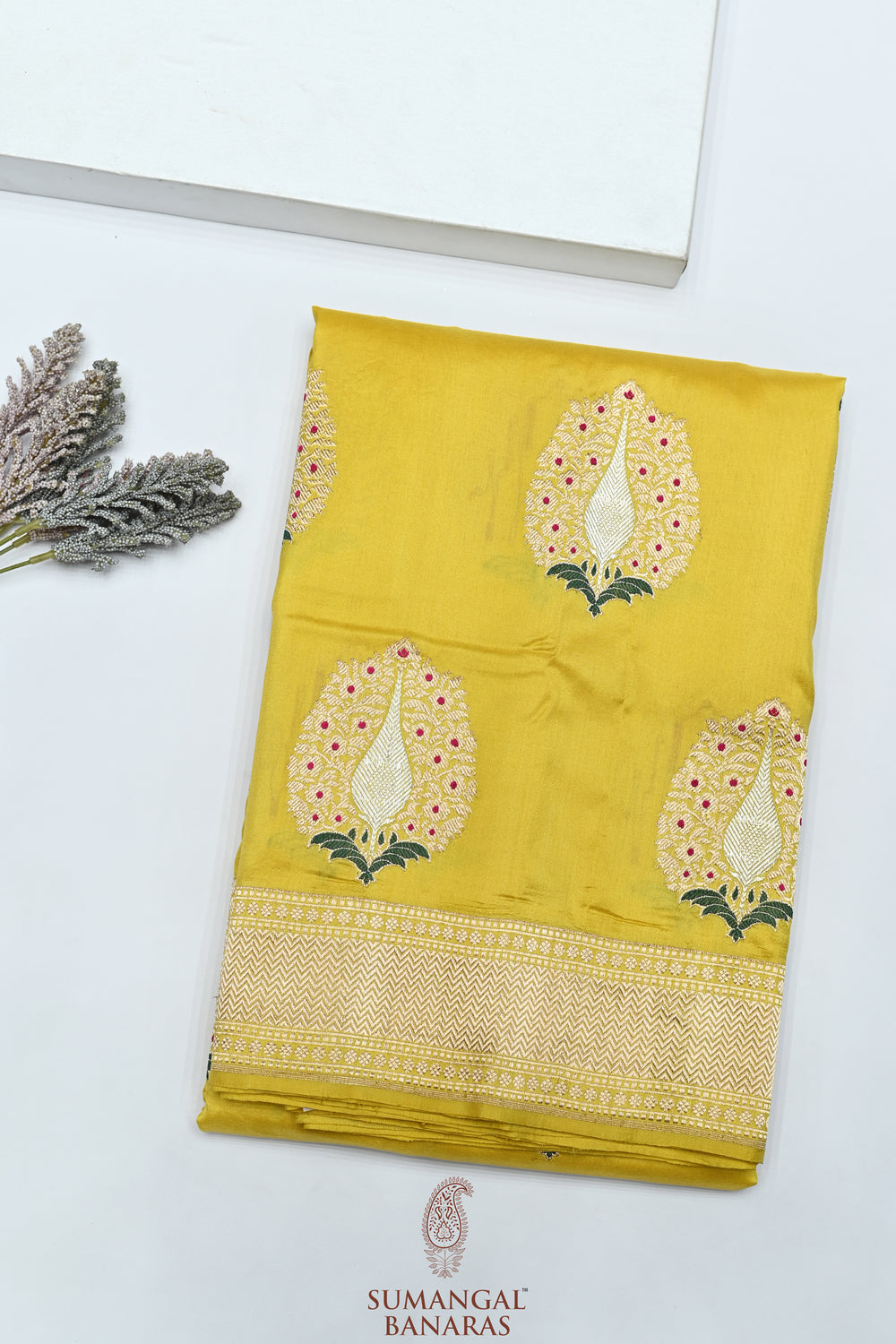 Handwoven Yellow Meenakari Motif Banarasi Katan Silk Saree