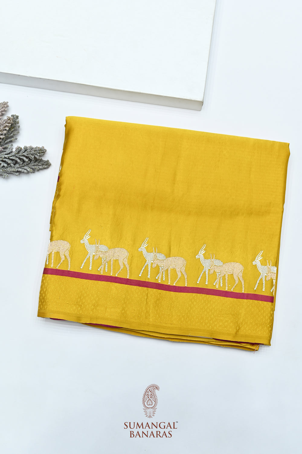 Handwoven Mustard Yellow Motif Banarasi Mashru Silk Saree