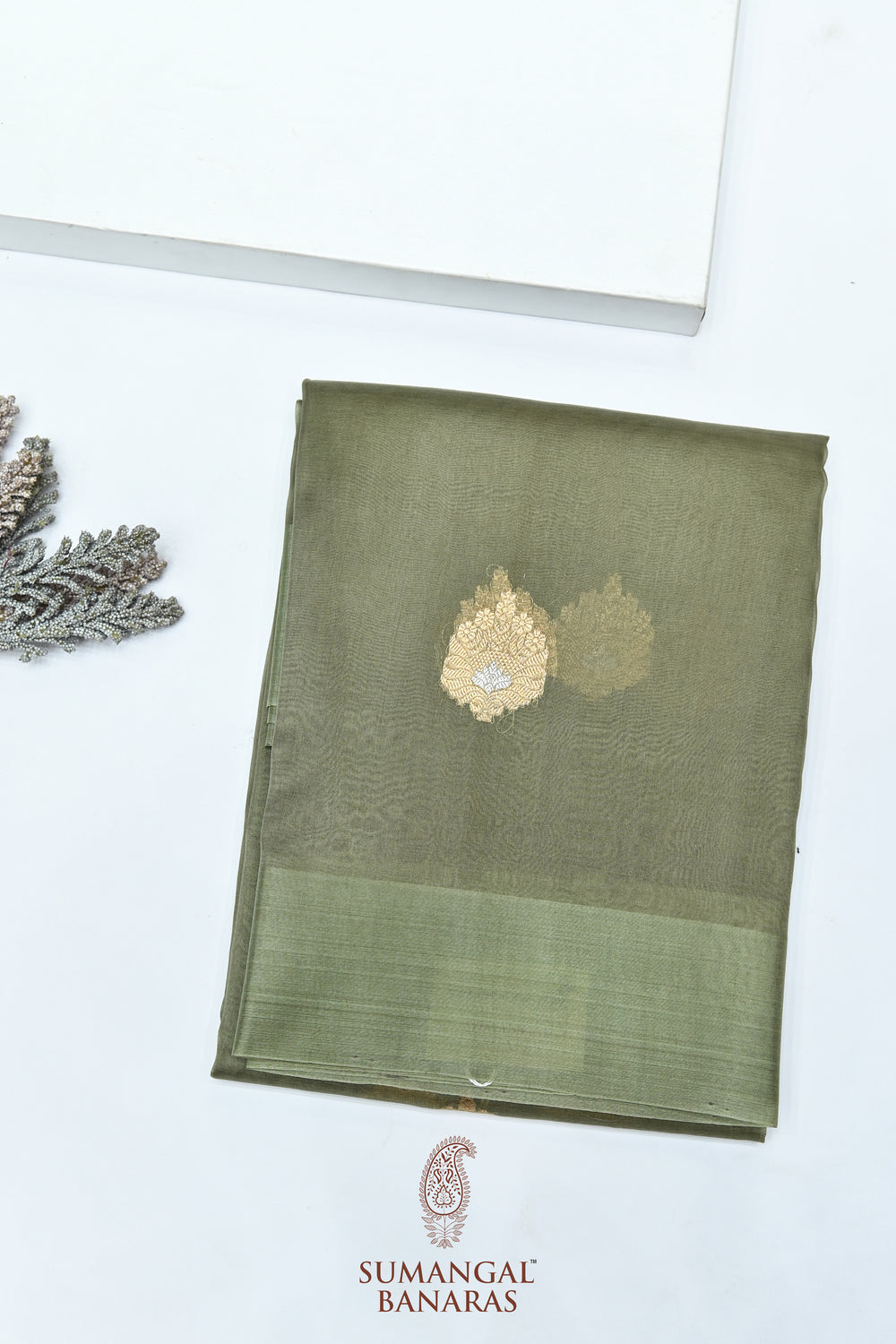 Handwoven Olive Green Banarasi Organza Saree