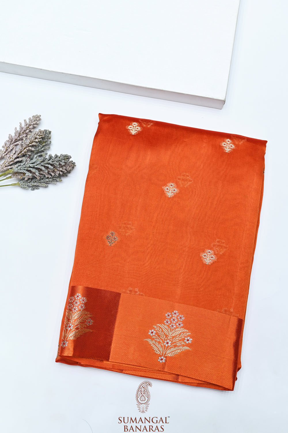 Handwoven Orange Meenakari Banarasi Organza Saree
