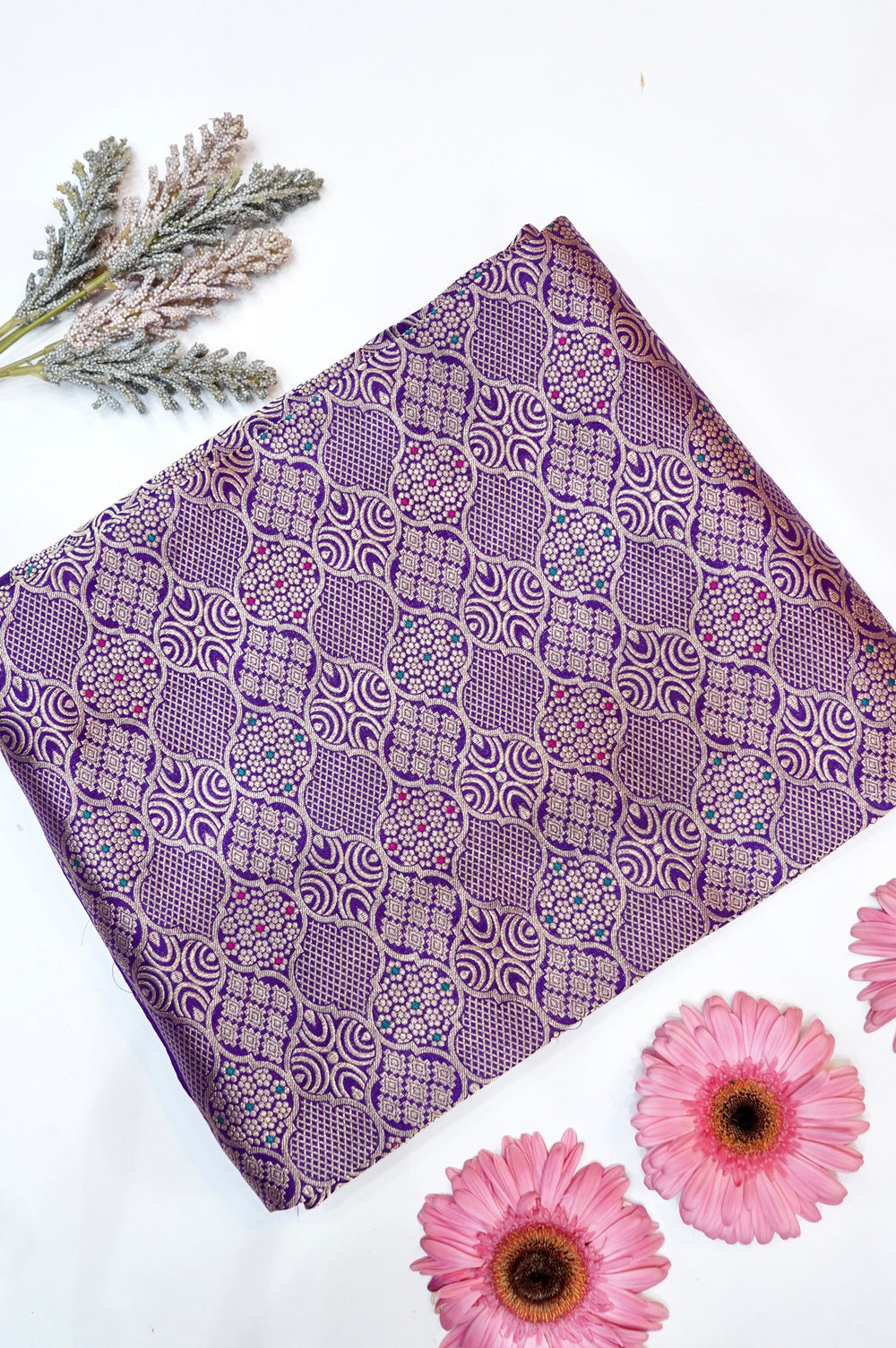 Violet Purple Brocade Katan Silk Handwoven Banarasi Thaan
