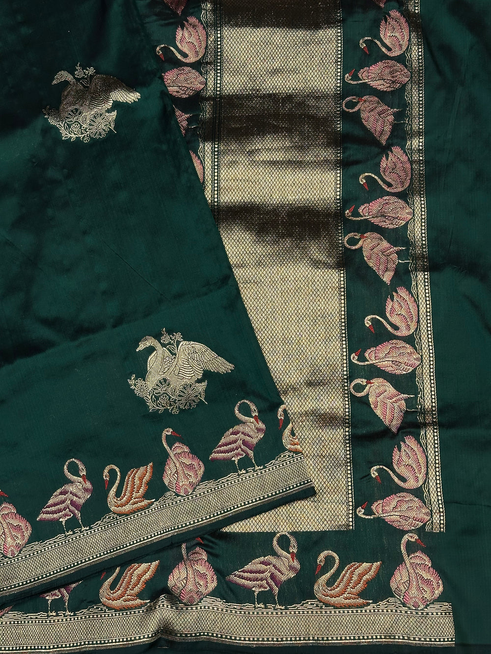 Pine Green Motif Katan Silk Handwoven Banarasi Saree