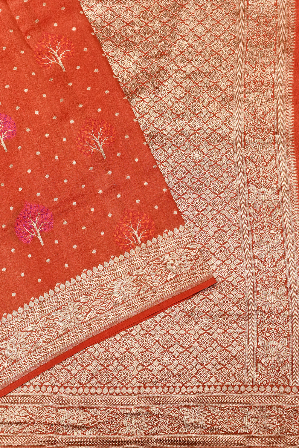 Handwoven Orange Meenakari Banarasi Tussar Silk Saree