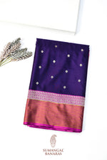 Eggplant Purple Booti Mashru Silk  Handwoven Banarasi Saree