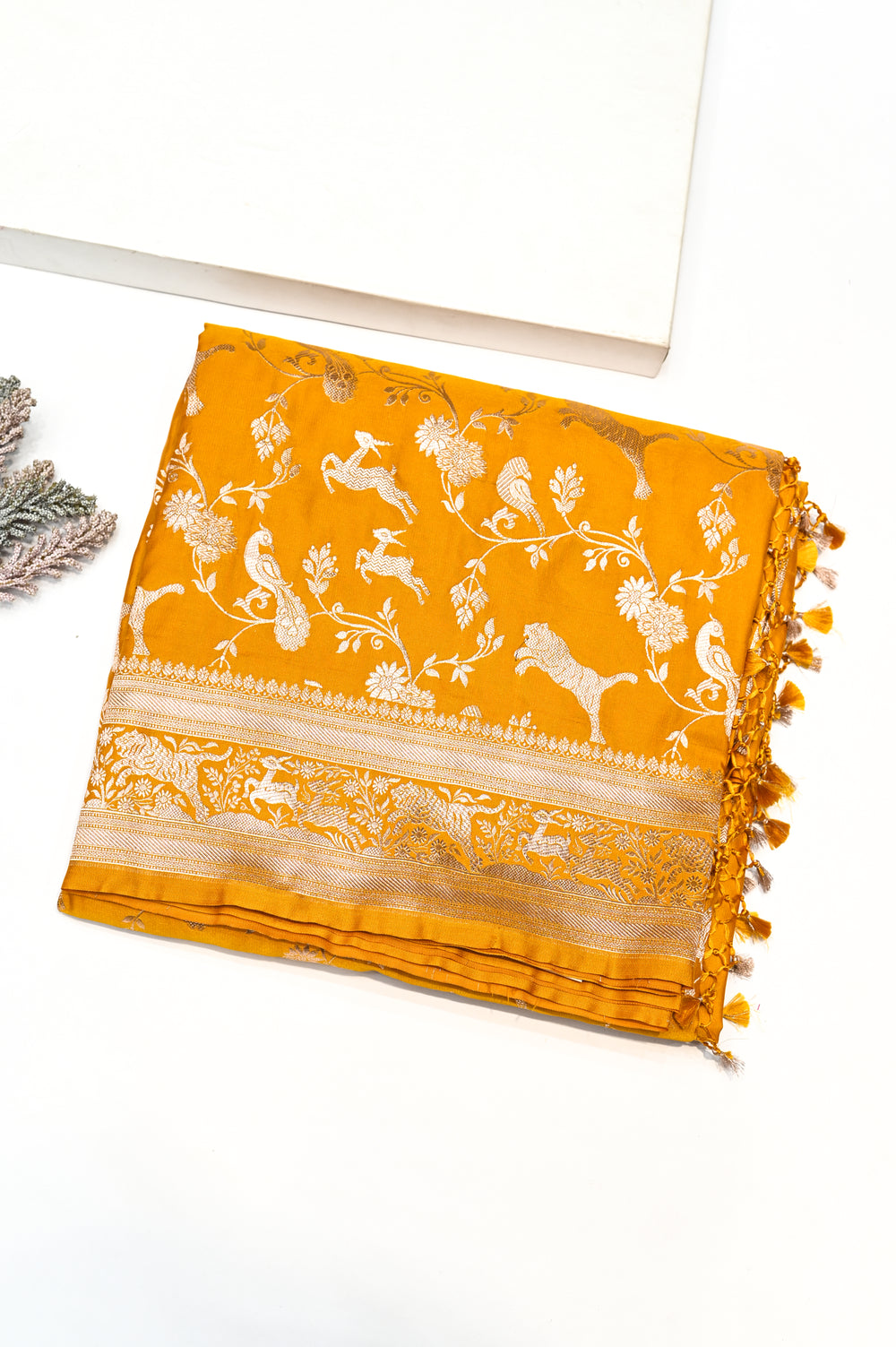 Handwoven Mustard Yellow Banarasi Moonga Silk Saree